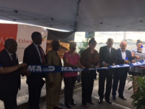 Dr. Gerswhin Blyden,Chair; FDA; Fred Oladeinde, President, FDA; and Tony Okonmah, Executive Director, ATDC along with Executives from MIA and ET cut ribbon during a ceremony to announce the launch of ET Cargo Service between MIA and Addis Ababa